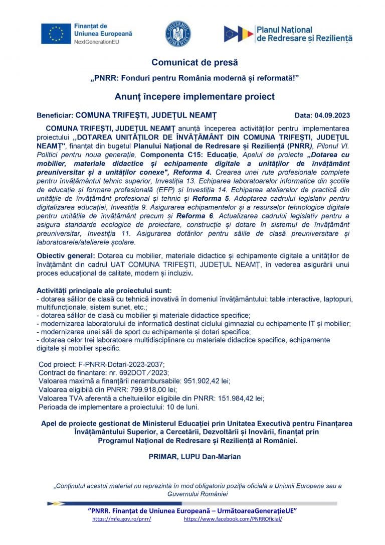 Comunicat de presă Comuna Trifești