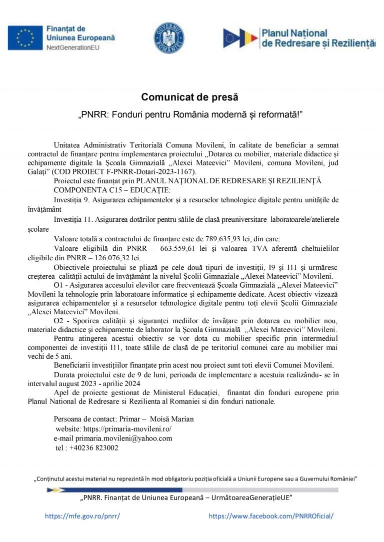 Comunicat de presă Comuna Movileni