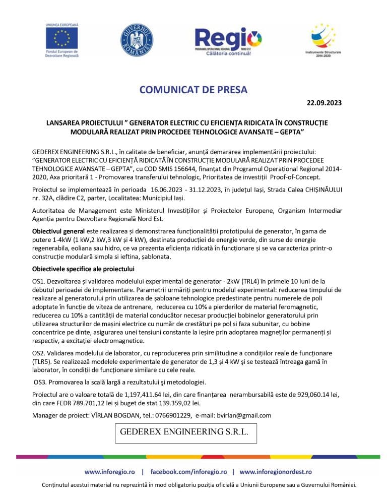 Comunicat de presă GEDEREX ENGINEERING S.R.L