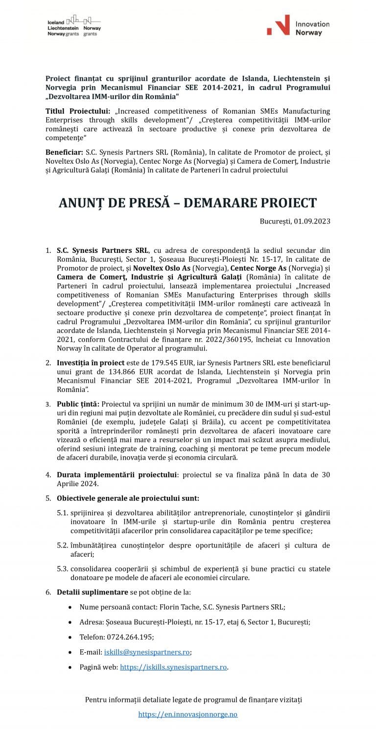 Comunicat de presă S.C. Synesis Partners SRL