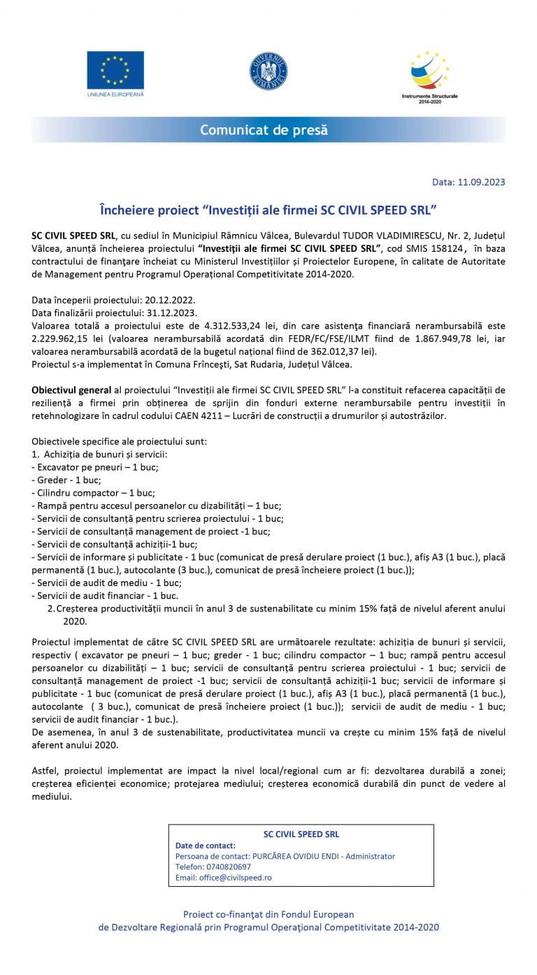 Comunicat de presă SC CIVIL SPEED SRL