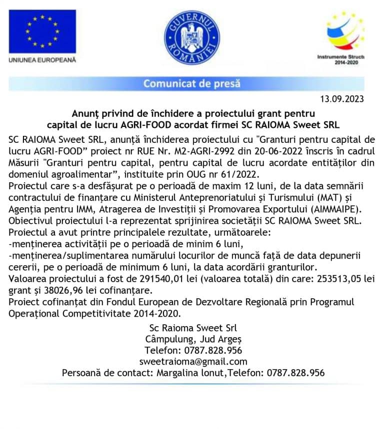 Comunicat de presă SC RAIOMA Sweet SRL