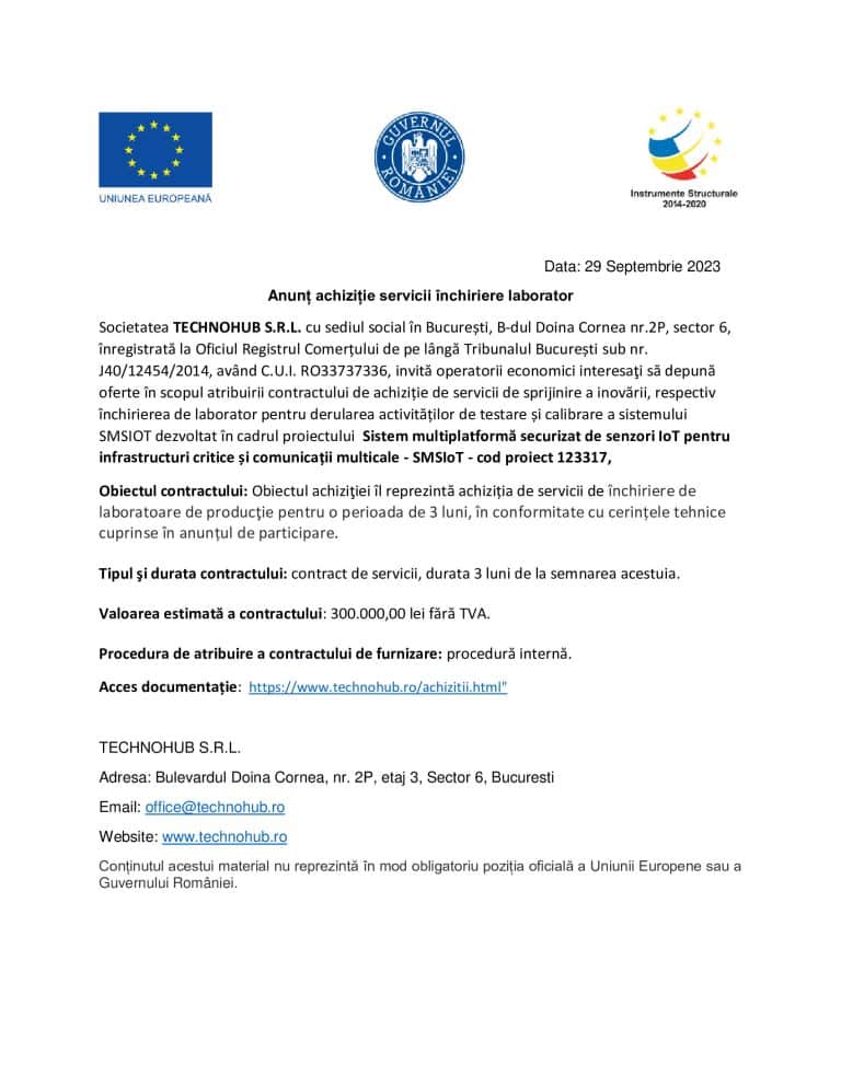 Comunicat de presa TECHNOHUB SRL
