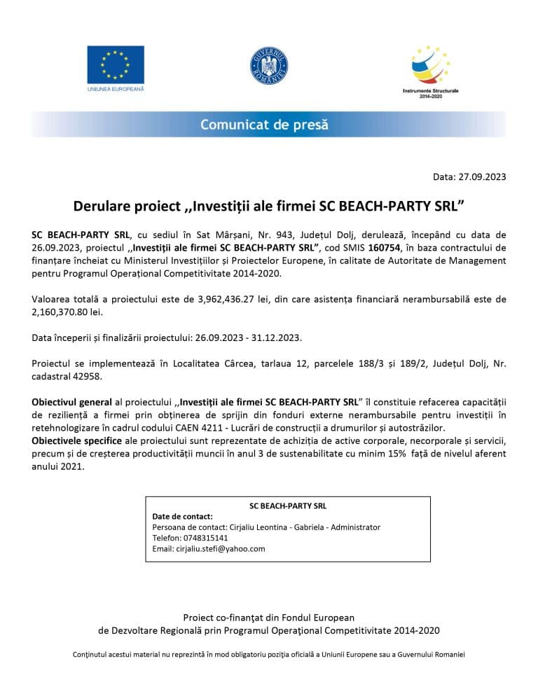 Comunicat de presă SC BEACH-PARTY SRL