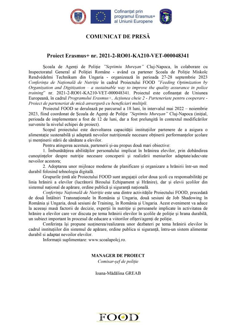 Comunicat de presă Școala de Agenți de Poliție ”Septimiu Mureșan” Cluj-Napoca
