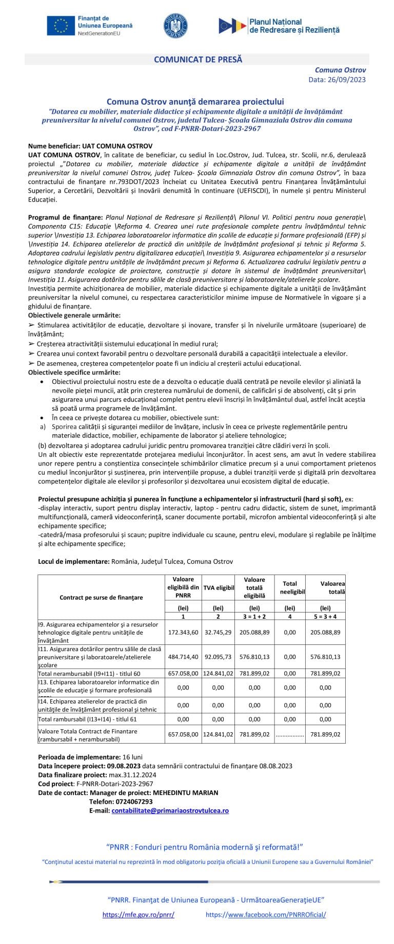 Comunicat de presă UAT COMUNA OSTROV
