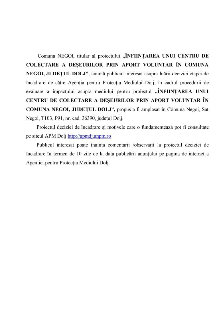 Anunț public Comuna Negoi