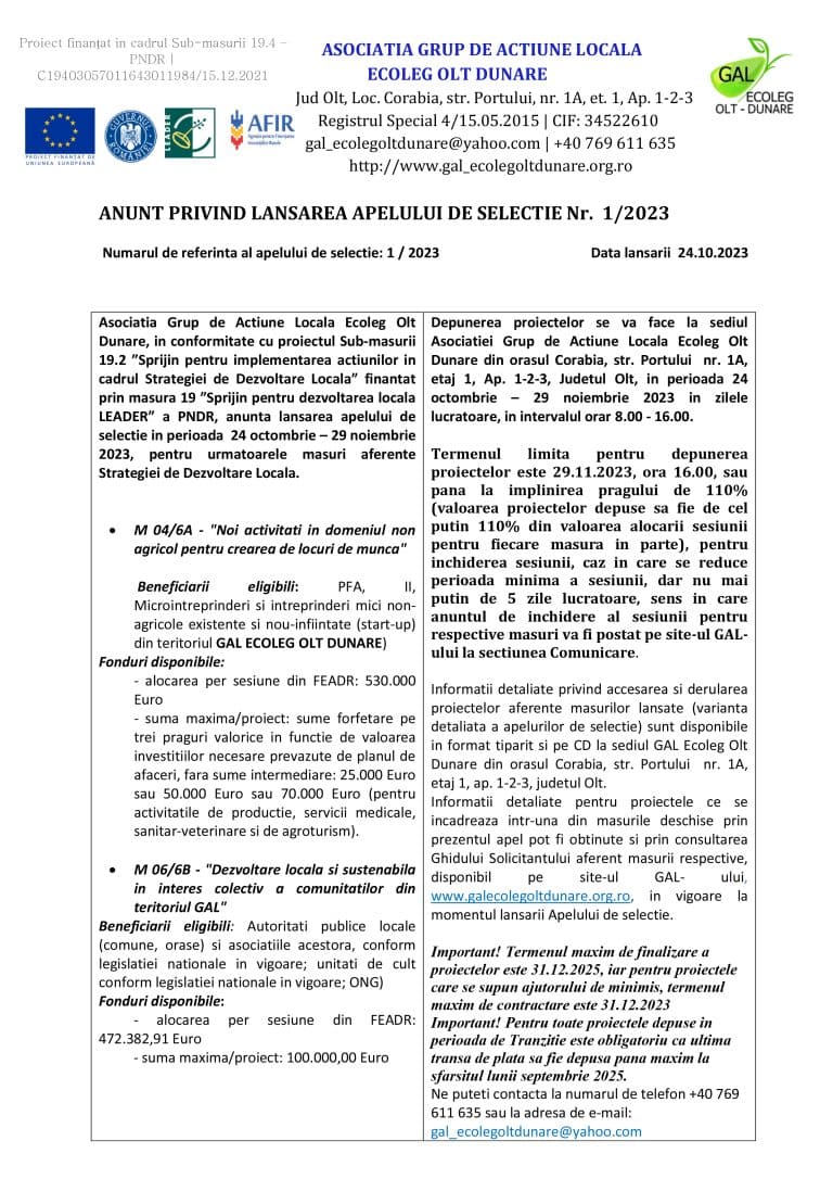 ANUNT PRIVIND LANSAREA APELULUI DE SELECȚIE Asociația Grup de Acțiune Locală Ecoleg Olt