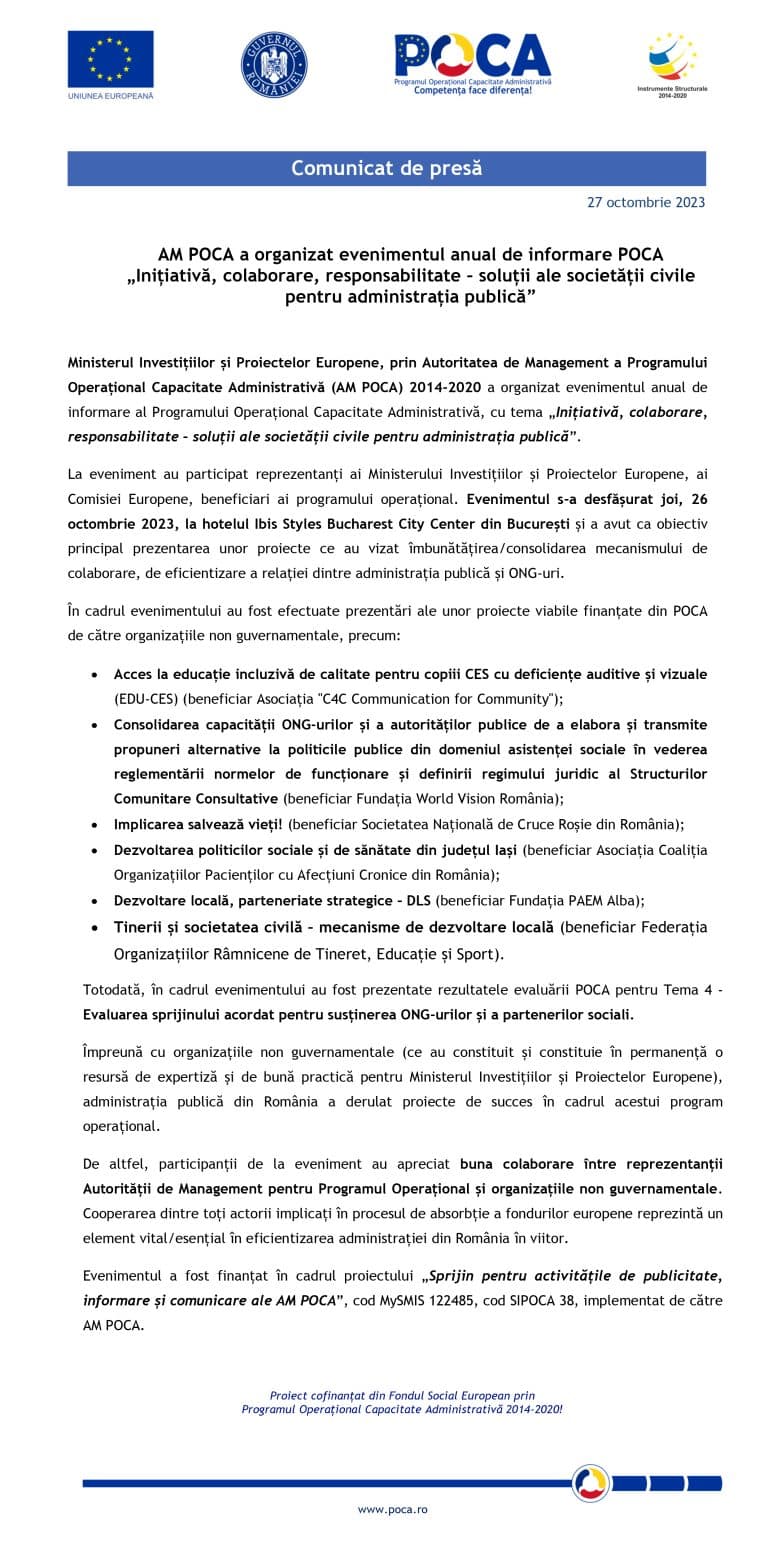 Comunicat de presă Autoritatea de Management a Programului Operațional Capacitate Administrativă