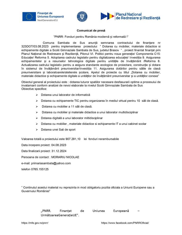 Comunicat de presă Comuna Sâmbata de Sus