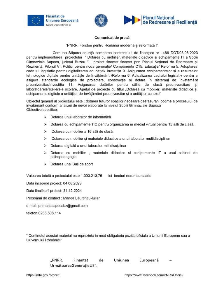 Comunicat de presă Comuna Săpoca