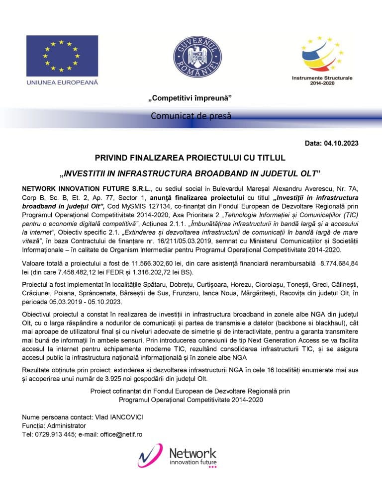 Comunicat de presă NETWORK INNOVATION FUTURE S.R.L.