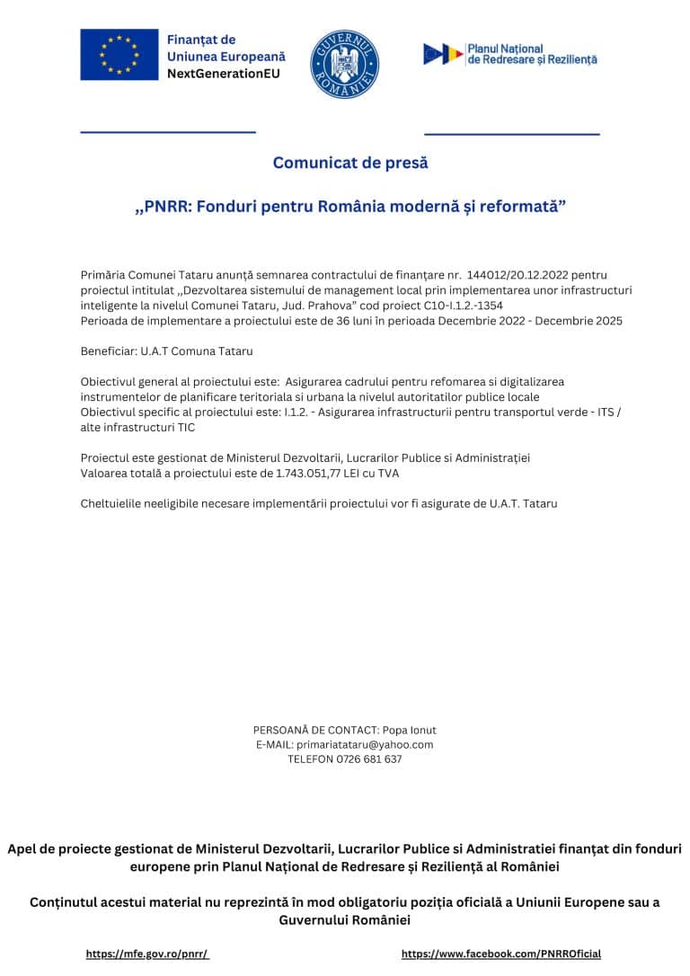 Comunicat de presă PRIMĂRIA COMUNEI TĂTARU