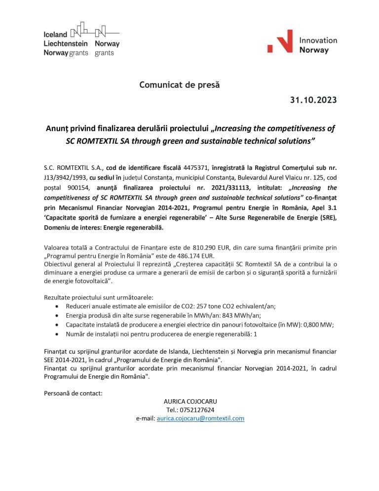 Comunicat de presă S.C. ROMTEXTIL S.A.