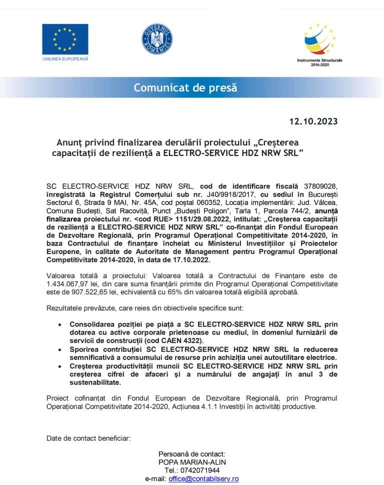 Comunicat de presă SC ELECTRO-SERVICE HDZ NRW SRL
