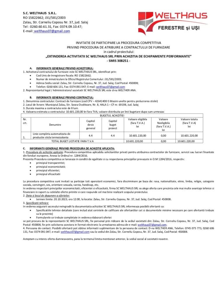 Comunicat de presă SC WELTHAUS SRL