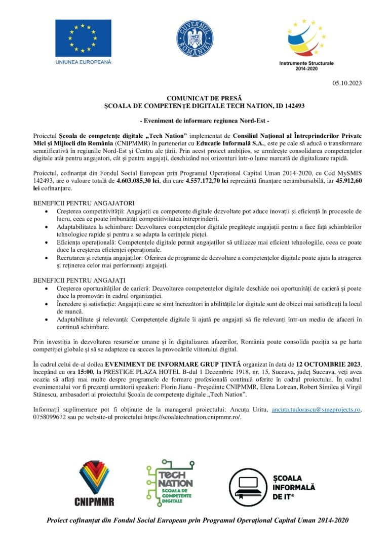 Comunicat de presă Școala de competențe digitale Tech Nation
