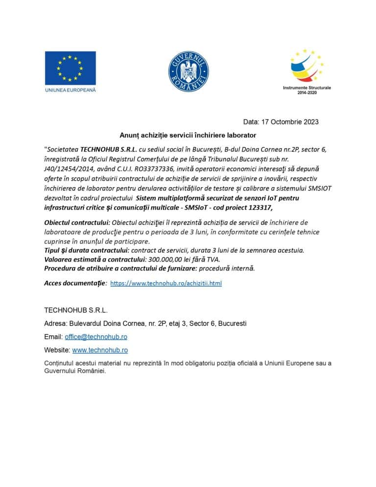 Comunicat de presă TECHNOHUB SRL
