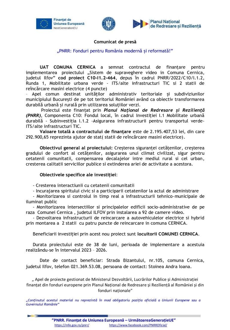 Comunicat de presă UAT Comuna Cernica