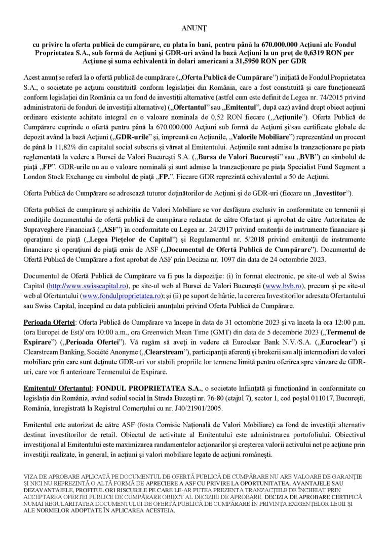 Anunț de presă Fondul Proprietatea SA