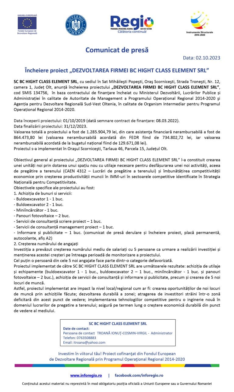 Comunicat de presă SC BC HIGHT CLASS ELEMENT SRL