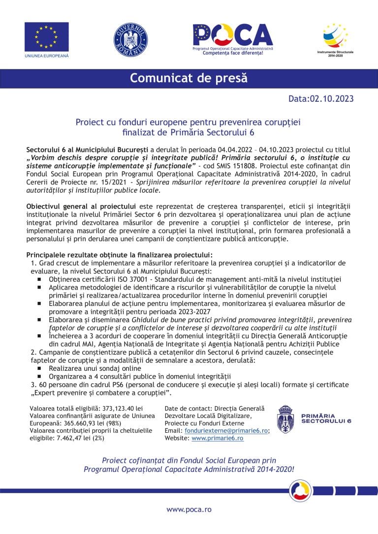 Comunicat de presa Sectorului 6 al Municipiului București