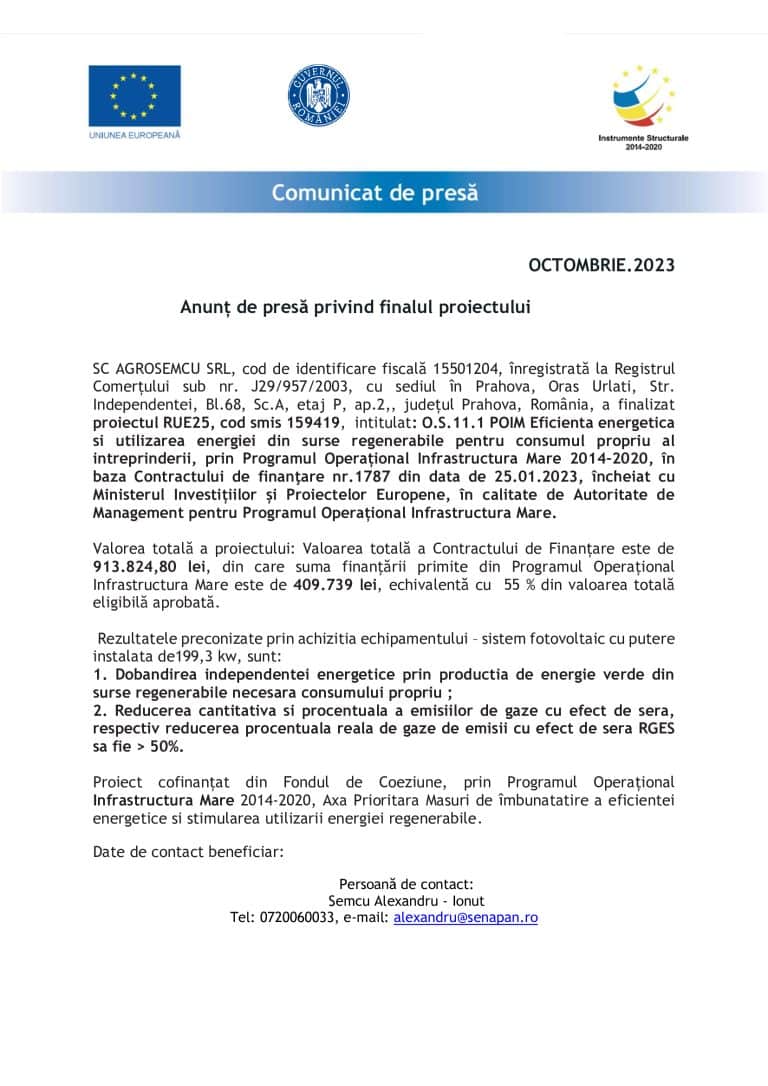Comunicat de presă AGROSEMCU SRL