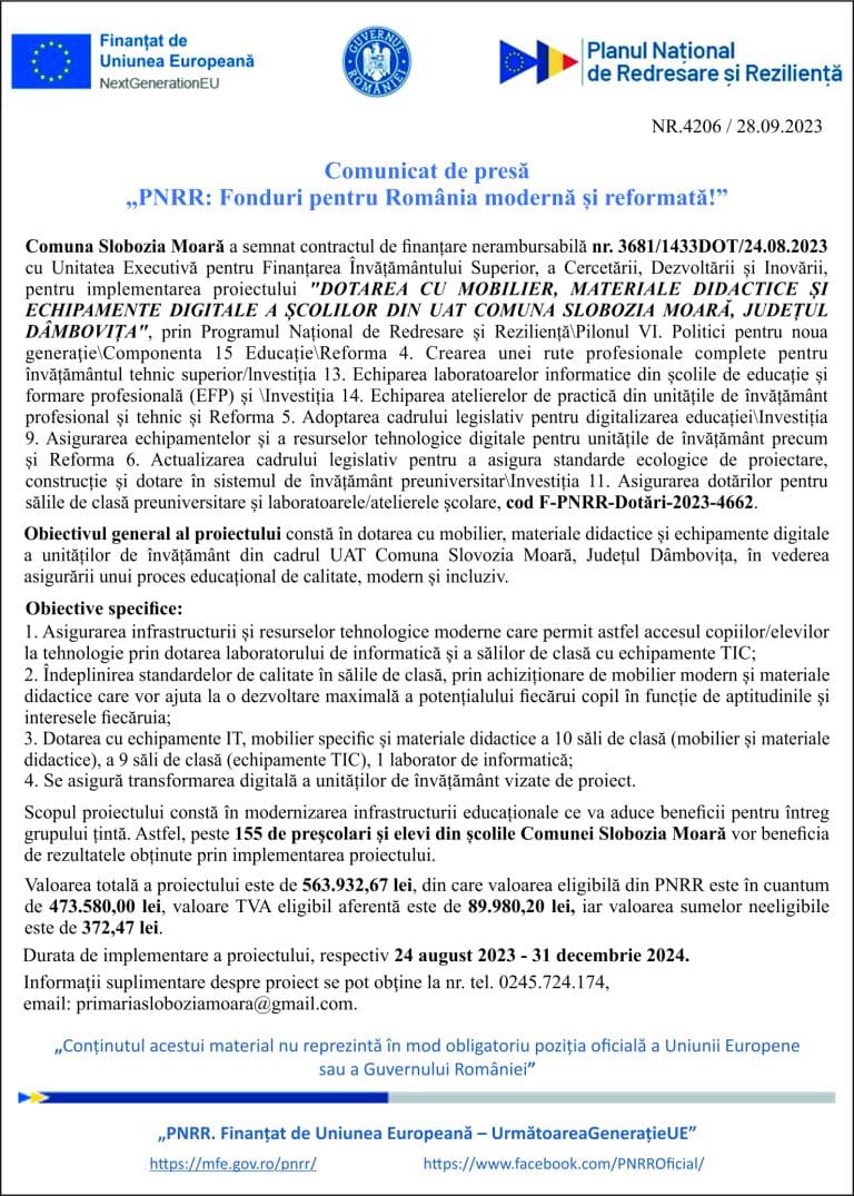 Comunicat de presa Comuna Slobozia Moară