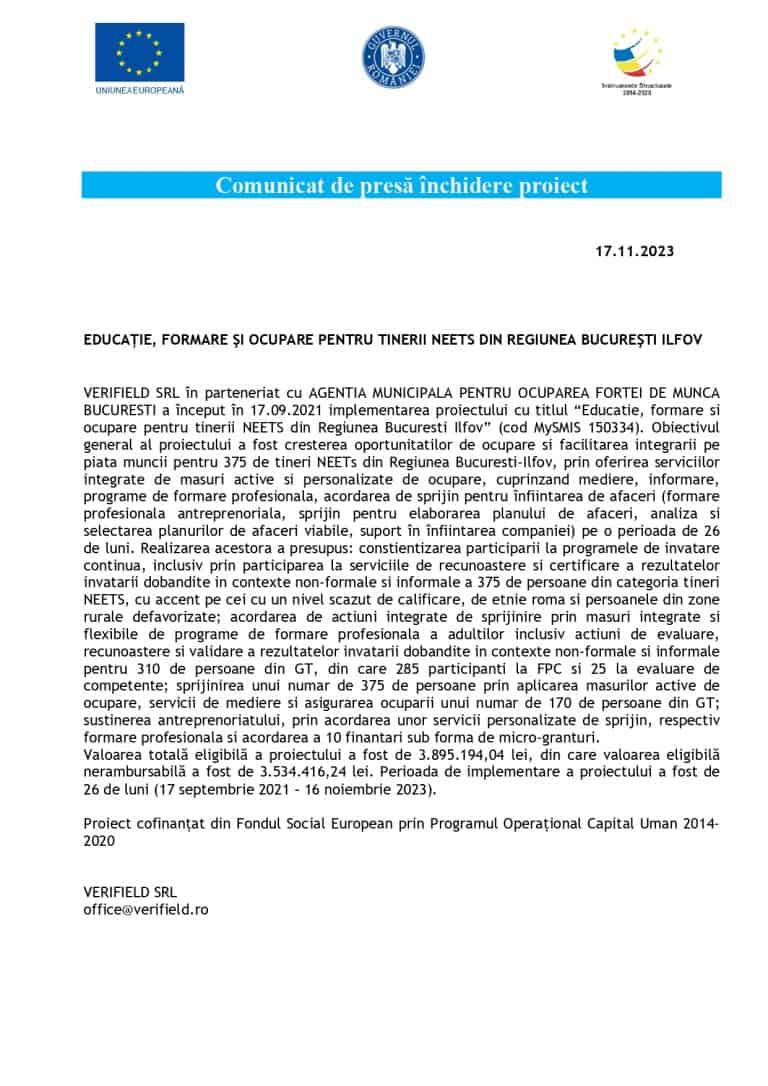 Comunicat de presa – VERIFIELD SRL