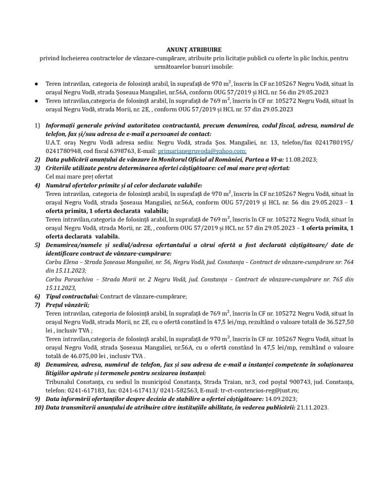 Comunicat de presă UAT Negru Vodă
