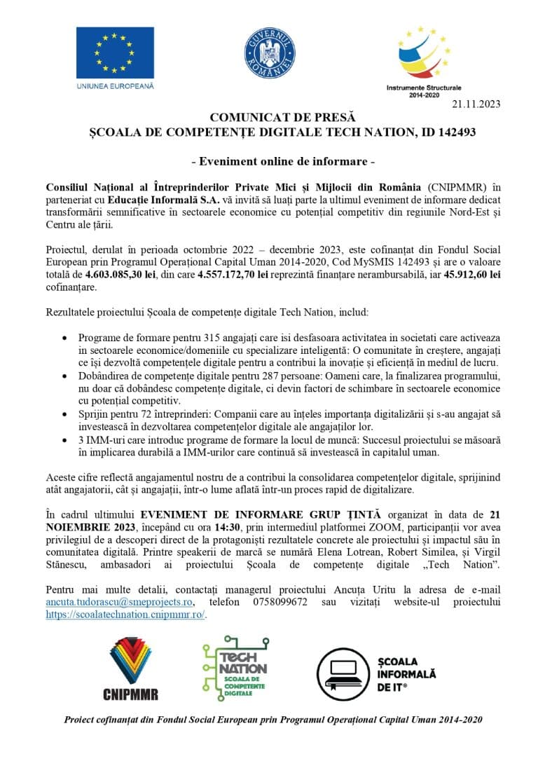 Comunicat de presă Consiliul Național al Întreprinderilor Private Mici și Mijlocii din România