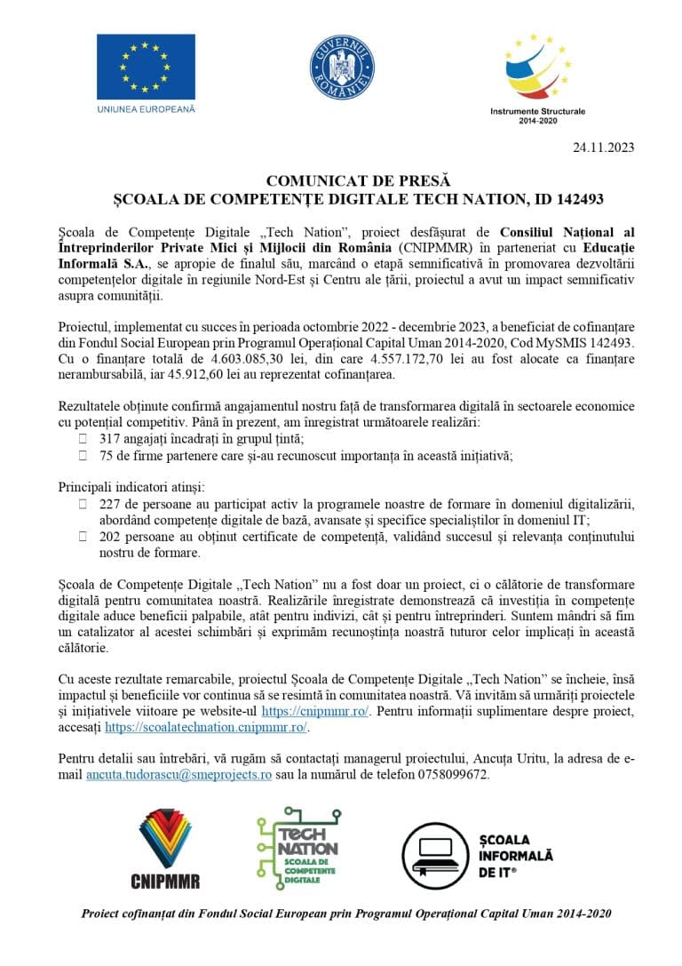 Comunicat de presă Școala de Competențe Digitale Tech Nation