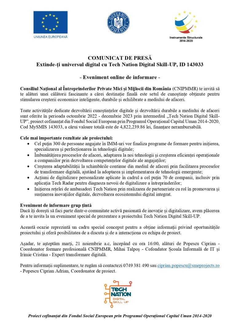 Comunicat de presă Consiliul Național al Întreprinderilor Private Mici și Mijlocii din România