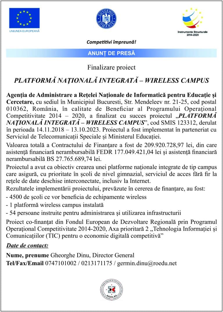 Comunicat de presă Agenţia de Administrare a Reţelei Naţionale de Informatică pentru Educaţie şi Cercetare