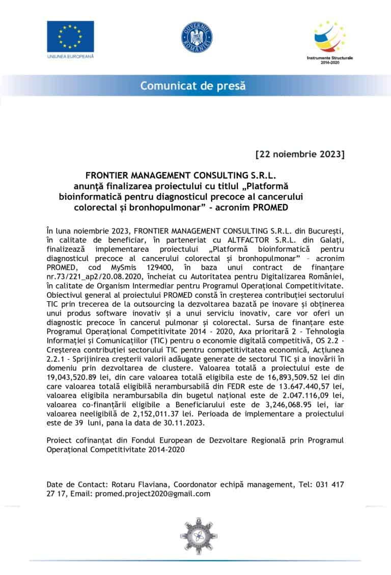 Comunicat de presă FRONTIER MANAGEMENT CONSULTING S.R.L