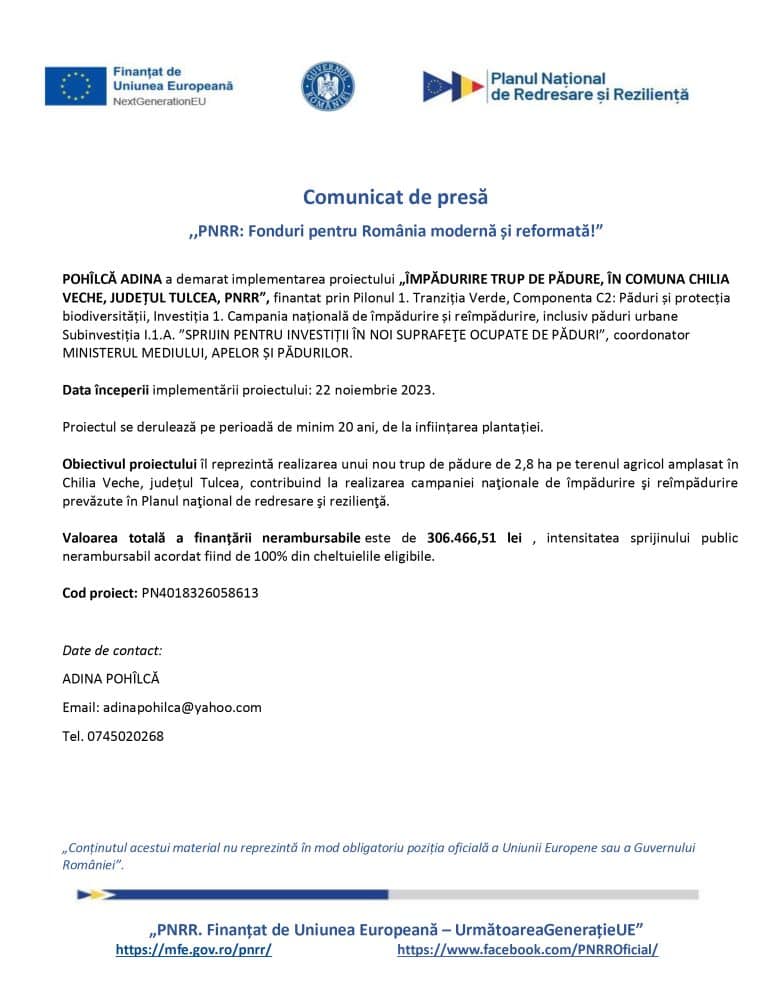Comunicat de presă POHÎLCĂ ADINA