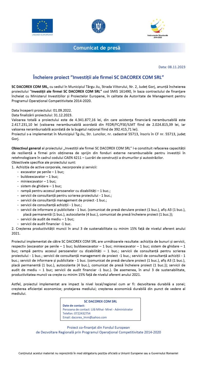 Comunicat de presă SC DACOREX COM SRL
