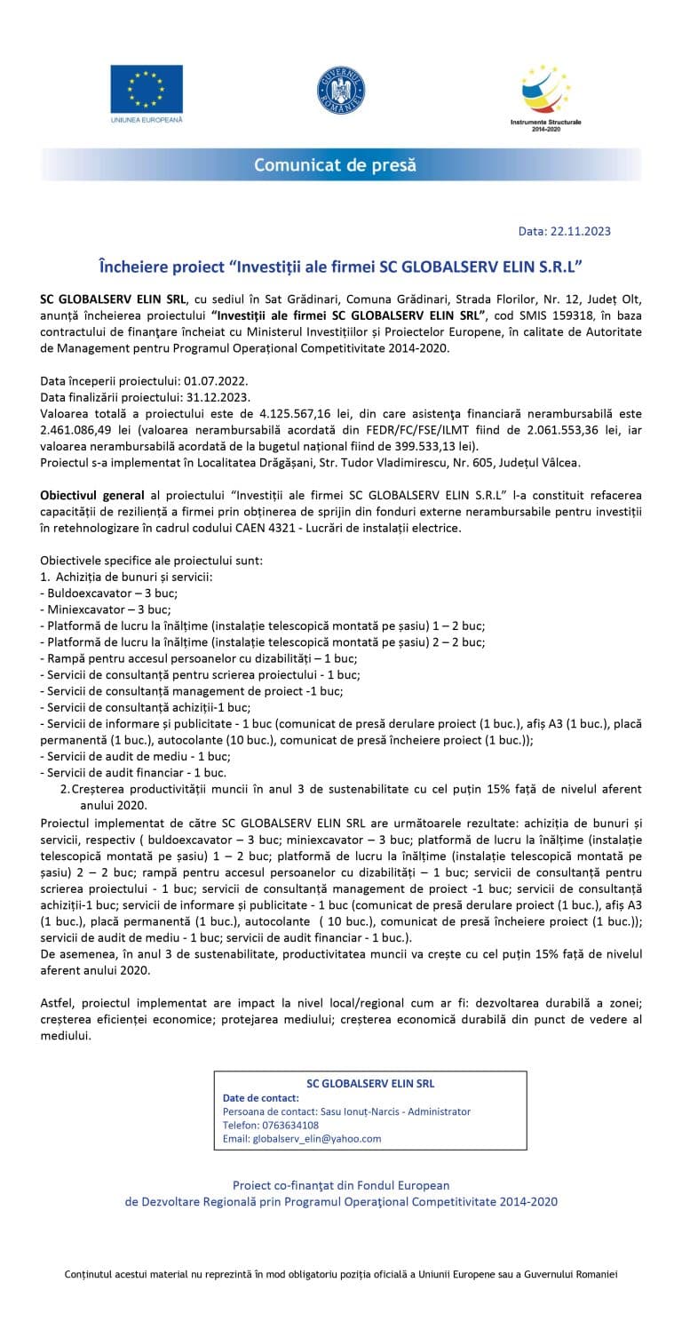 Comunicat de presă SC GLOBALSERV ELIN SRL