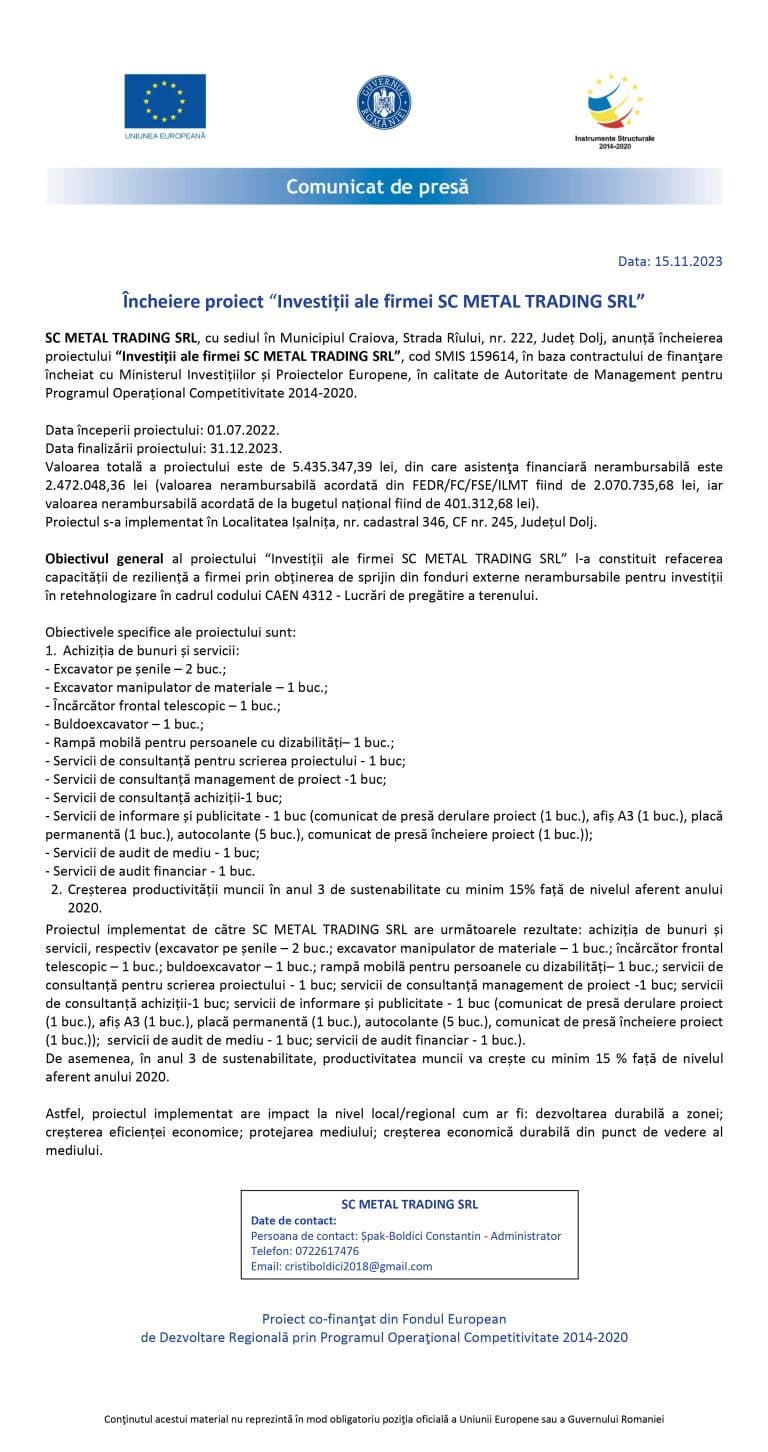 Comunicat de presă SC METAL TRADING SRL