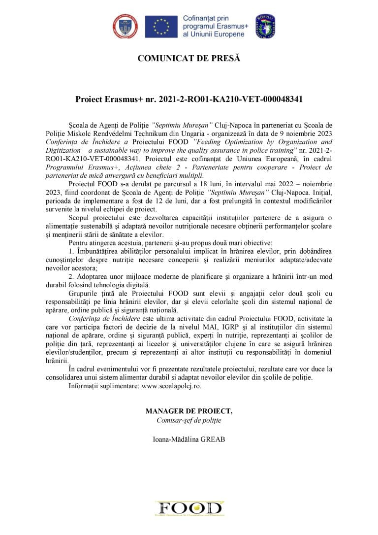 Comunicat de presa Școala de Agenți de Poliție ”Septimiu Mureșan” Cluj-Napoca
