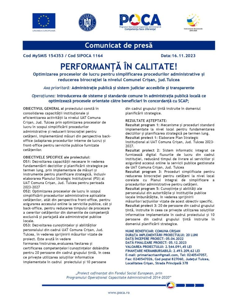 Comunicat de presă Comuna Crișan