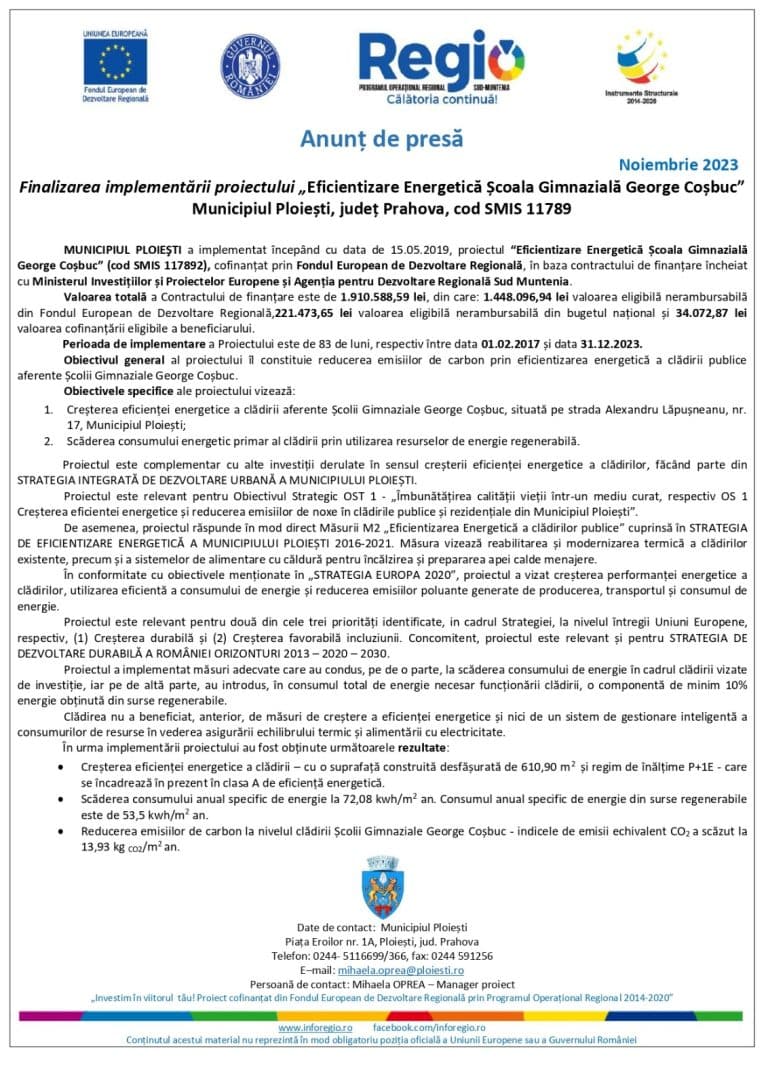 Comunicat de presă Municipiul Ploiești