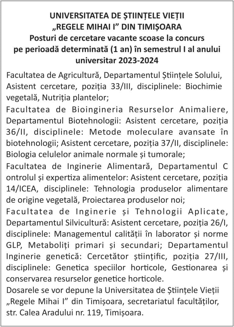 Anunț Universitatea de Știintele Vieții „Regele Mihai I” din Timisoara