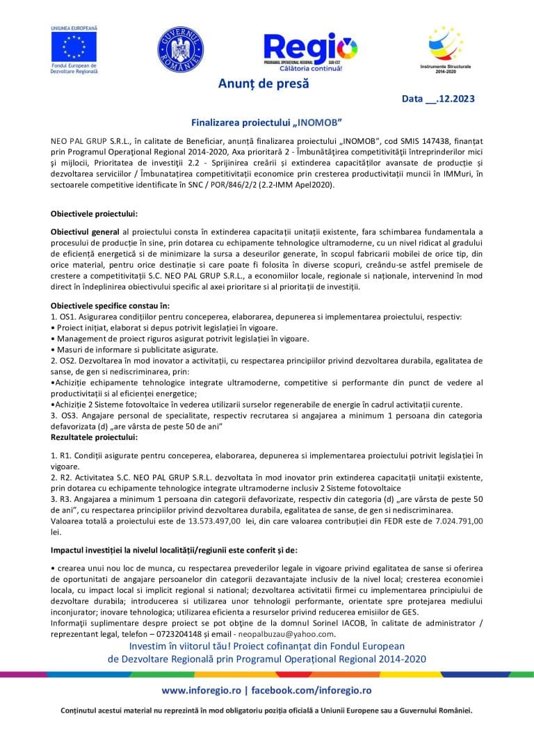 Comunicat de presa NEO PAL GROUP SRL