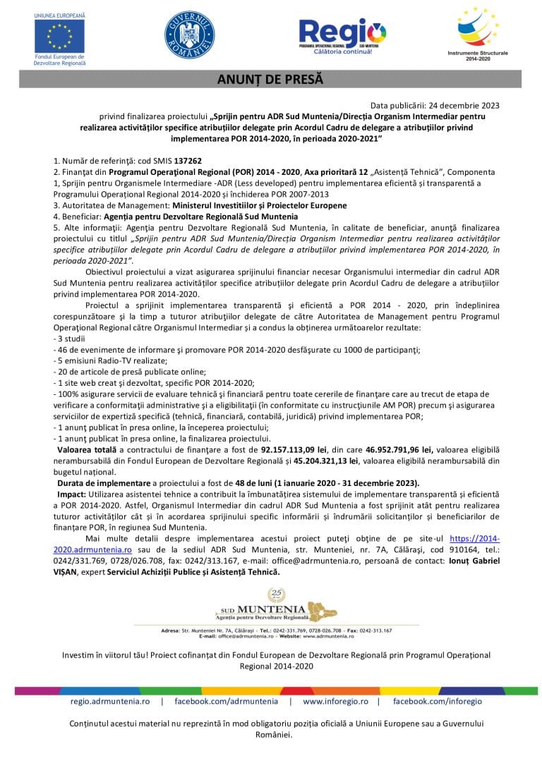 Anunț de presă ADR Sud Muntenia 24 decembrie 2023