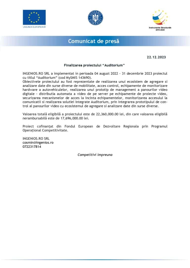 Comunicat de presa INGENIOS.RO SRL