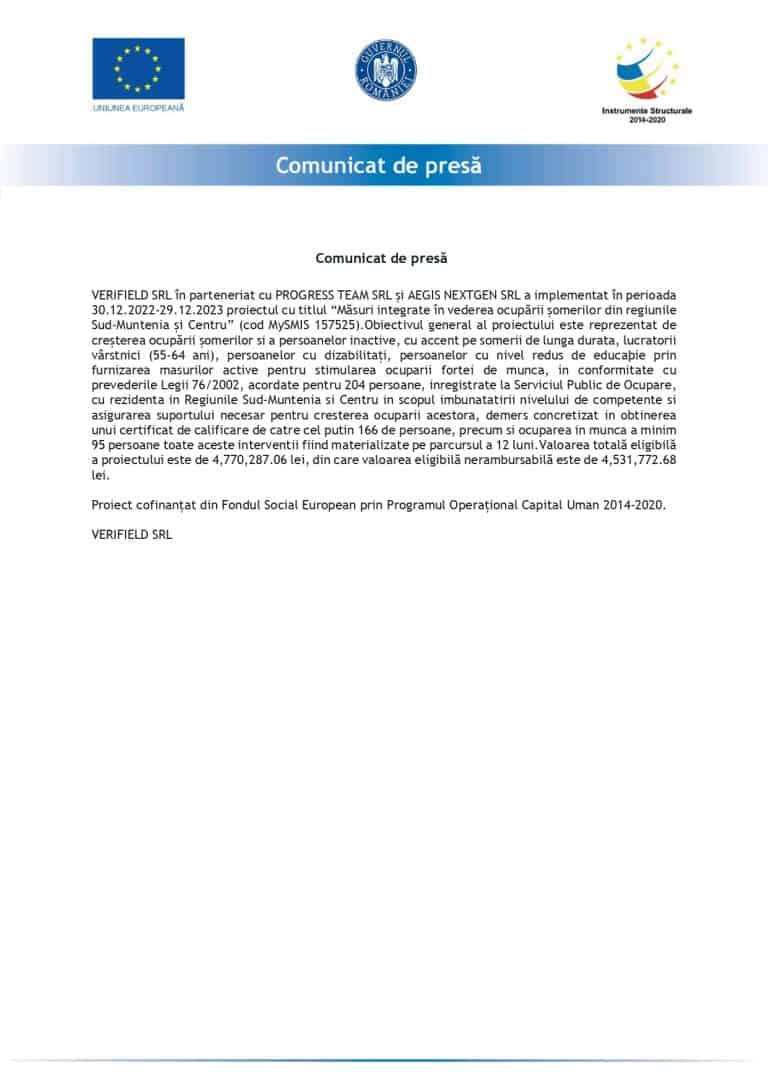 Comunicat de presa VERIFIELD SRL