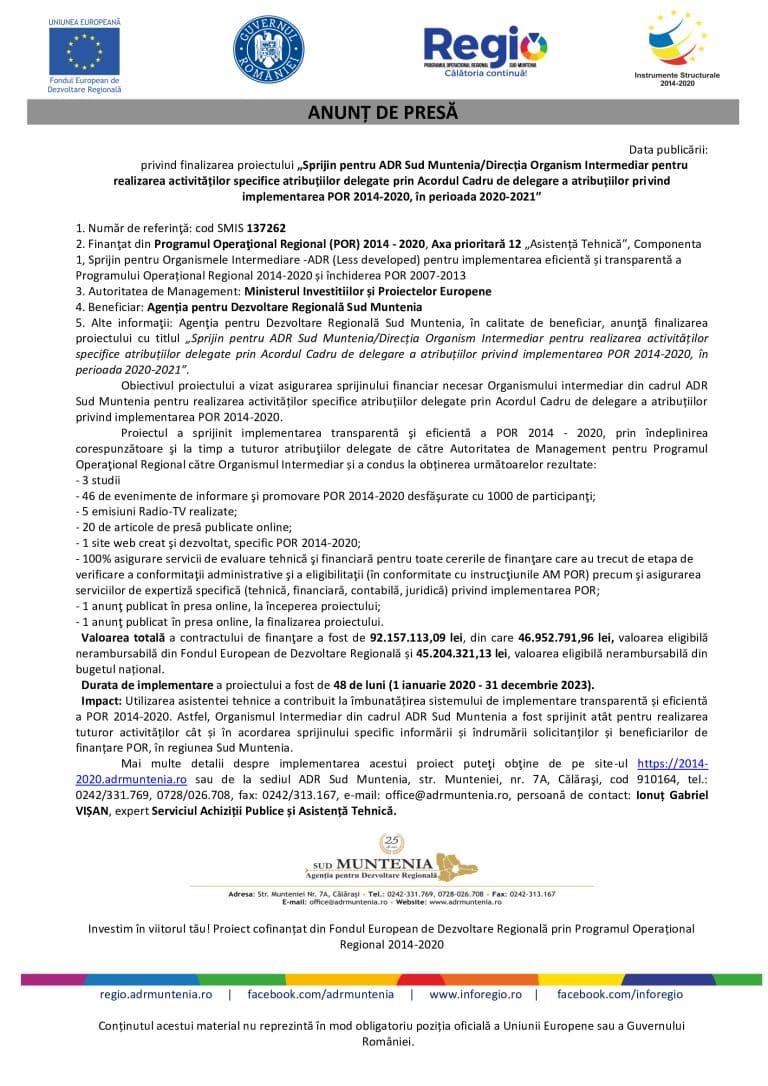 Anunț de presă ADR Sud Muntenia