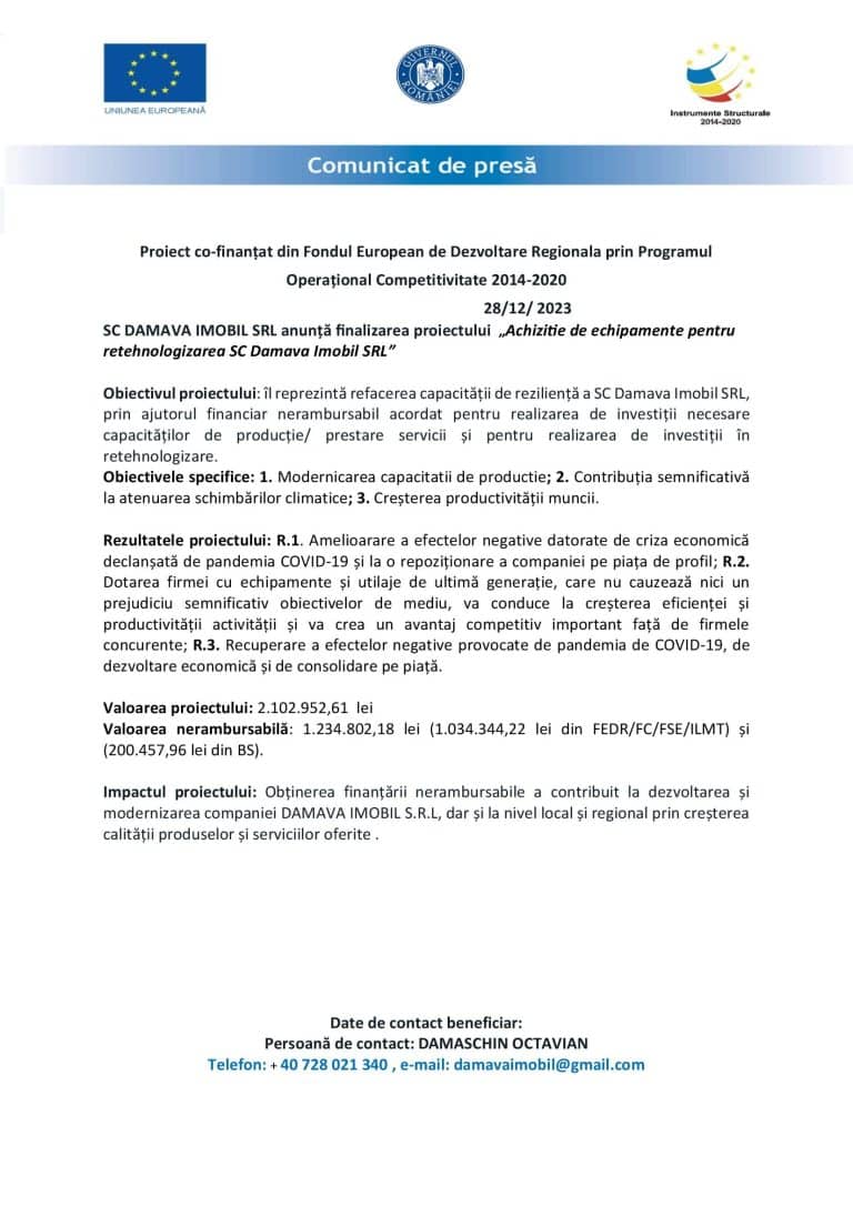Comunicat de presă DAMAVA IMOBIL SRL