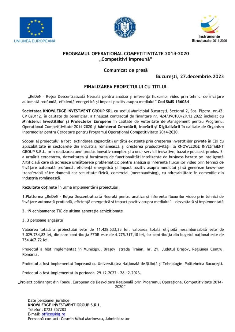 Comunicat de presa KNOWLEDGE INVESTMENT GROUP SRL